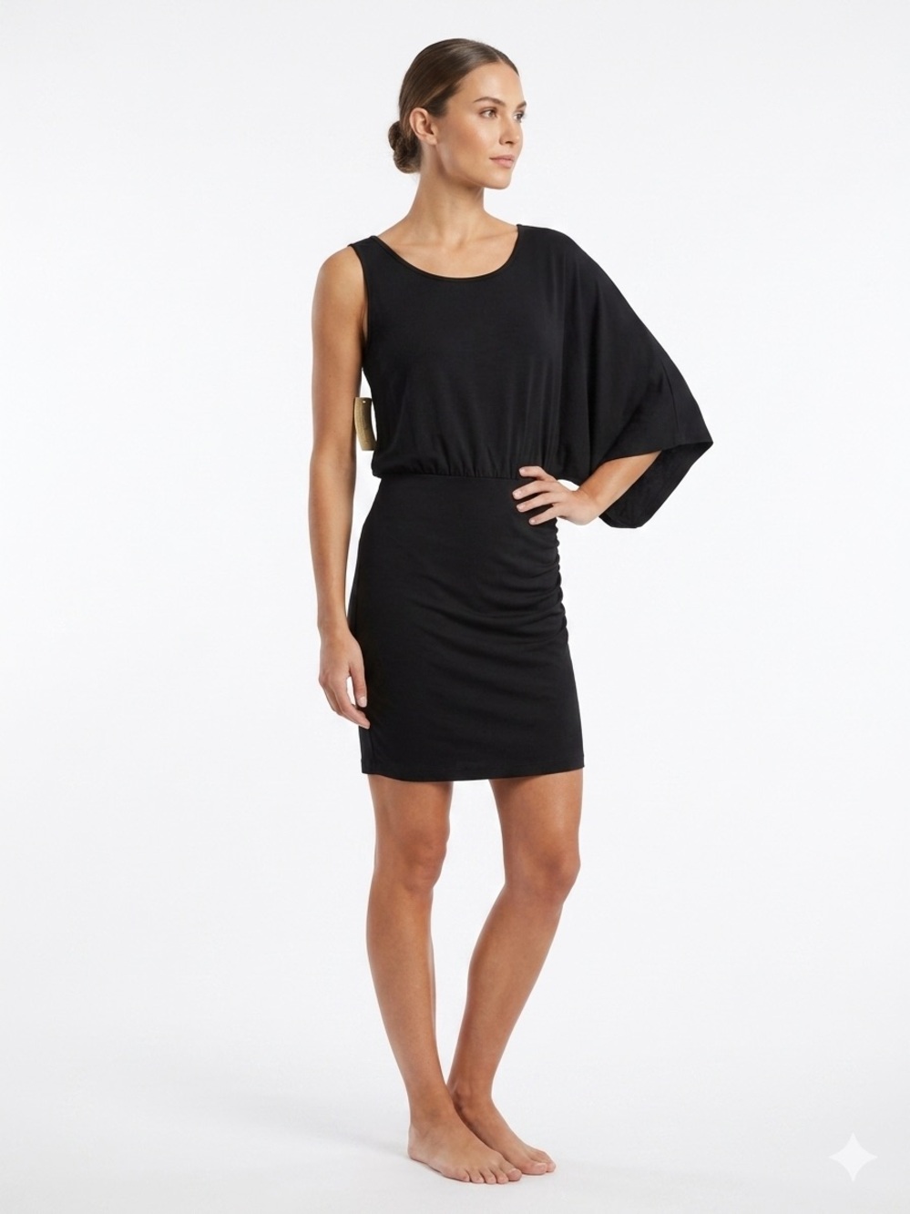 Vintage Y2K NWT Black Asymmetric Ruched Mini Dress Clubwear L